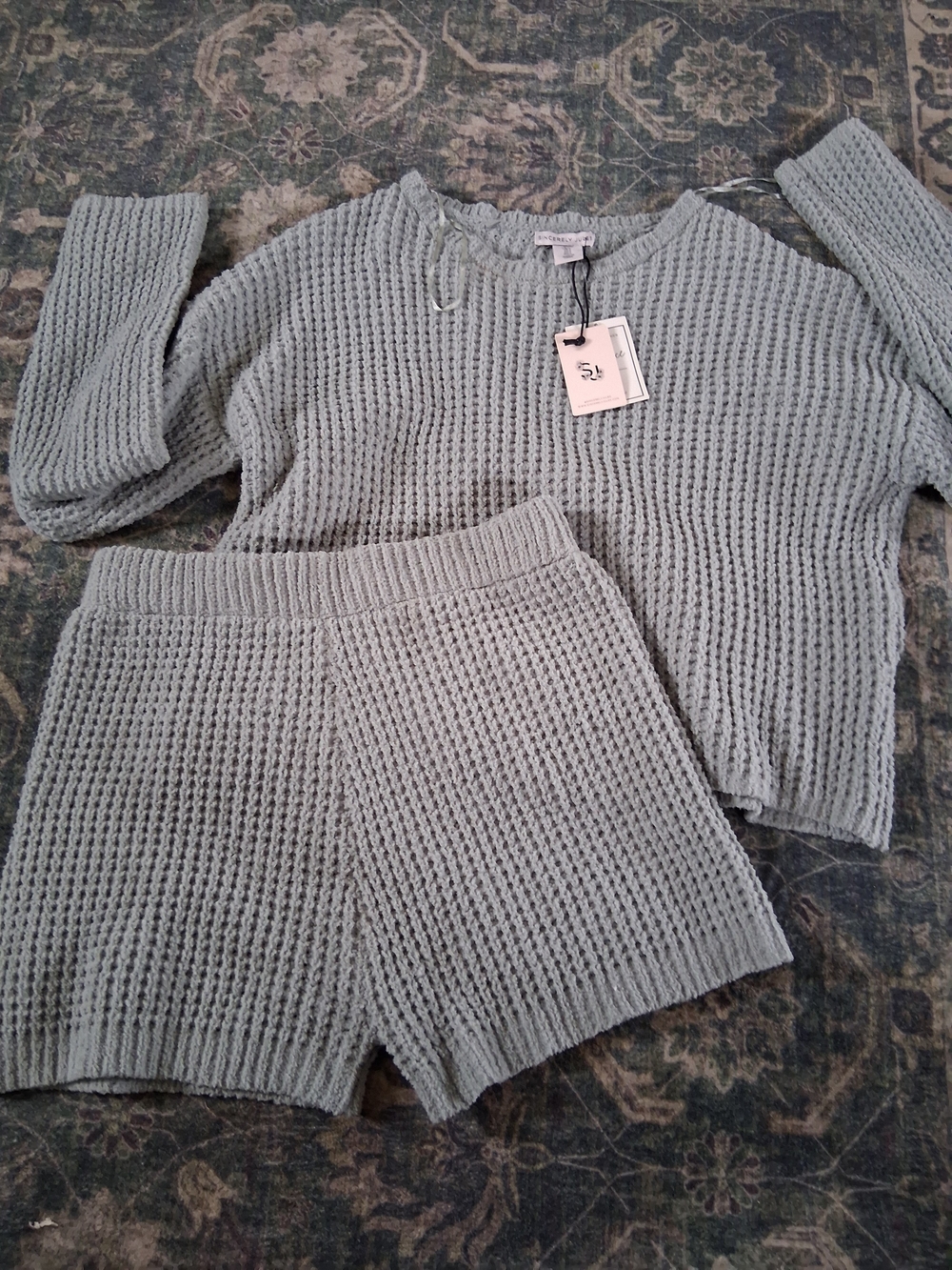 Sincerly Jules Sage Green Waffle-Knit Lounge Set - Top & Shorts